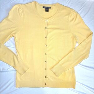 August Silk Pale Yellow Silk Blend Puff Sleeve Cardigan Sweater Womens Medium